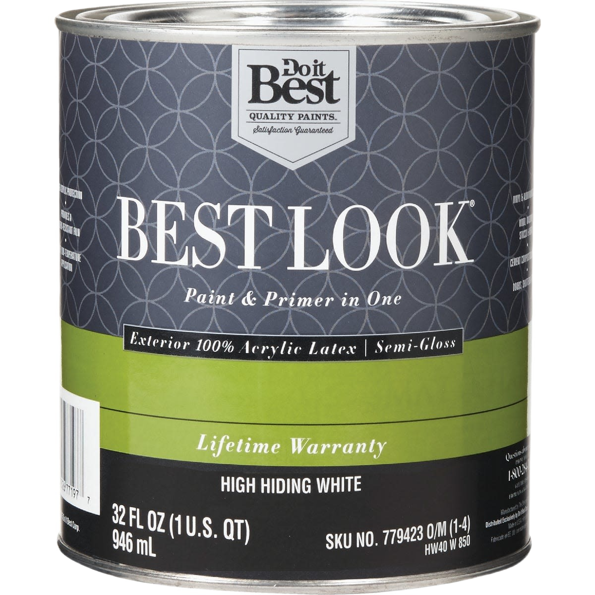 Quart of semi-gloss high hiding white acrylic exterior paint and primer for home improvement projects