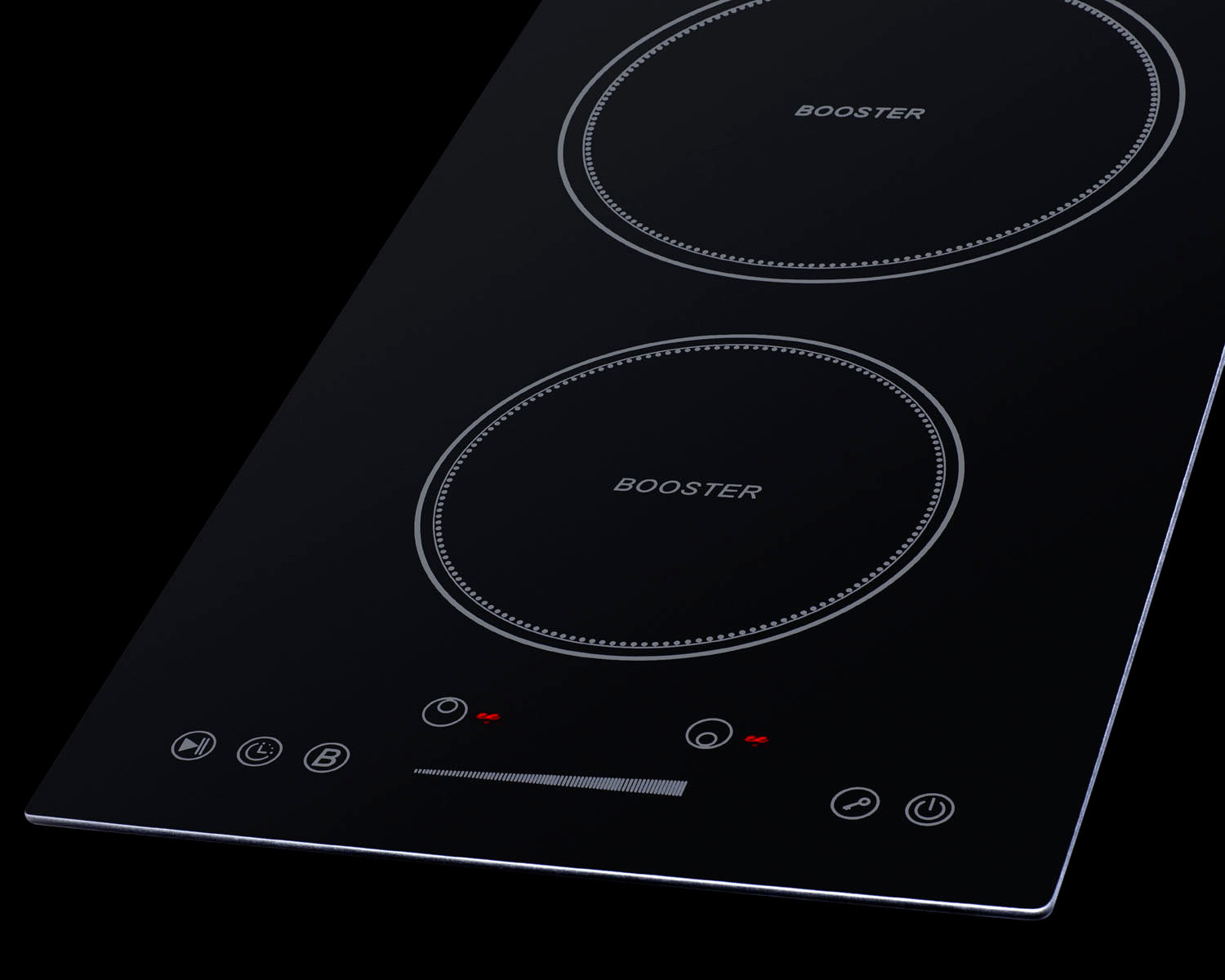 Black glass surface with two circular induction zones and touch controls for kitchen cooktop appliances
