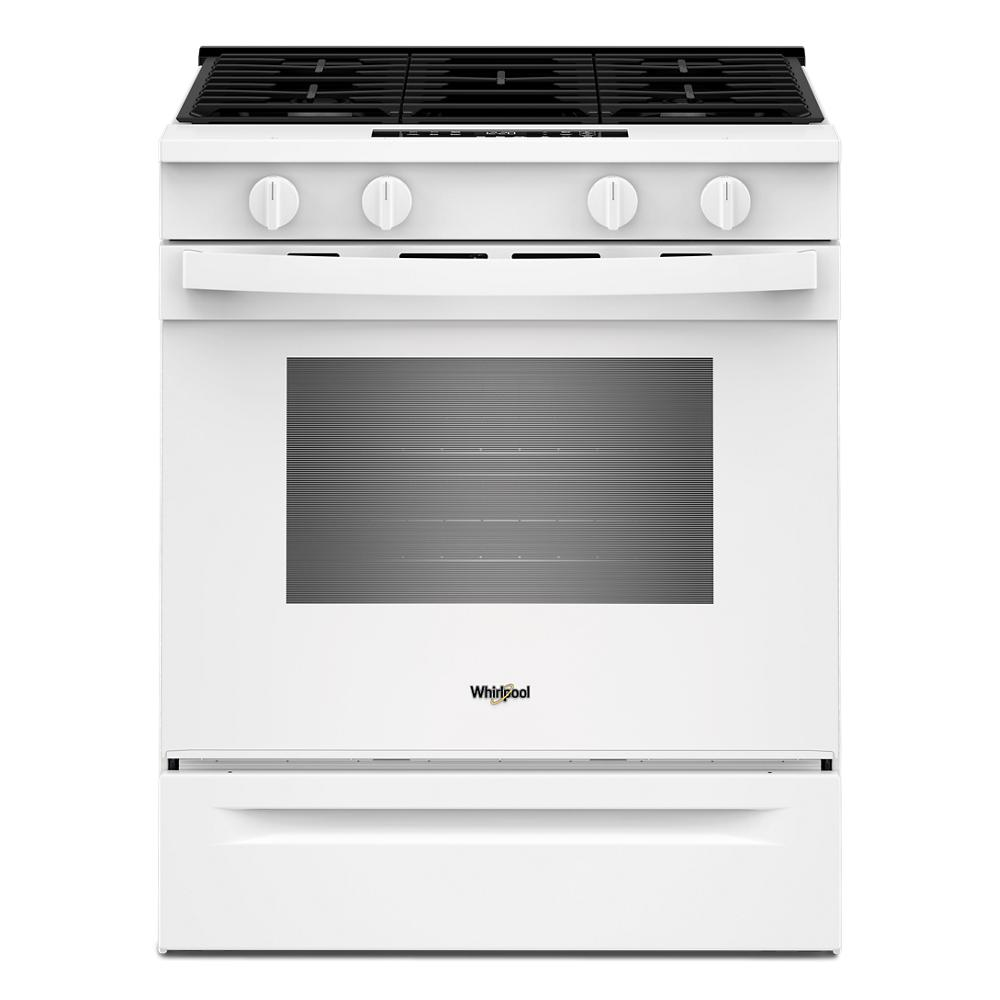 Front view of a white 30-inch gas range with four control knobs and a large oven window, suitable for ranges, gas ranges, kitchenware, appliances, and home improvement collections.