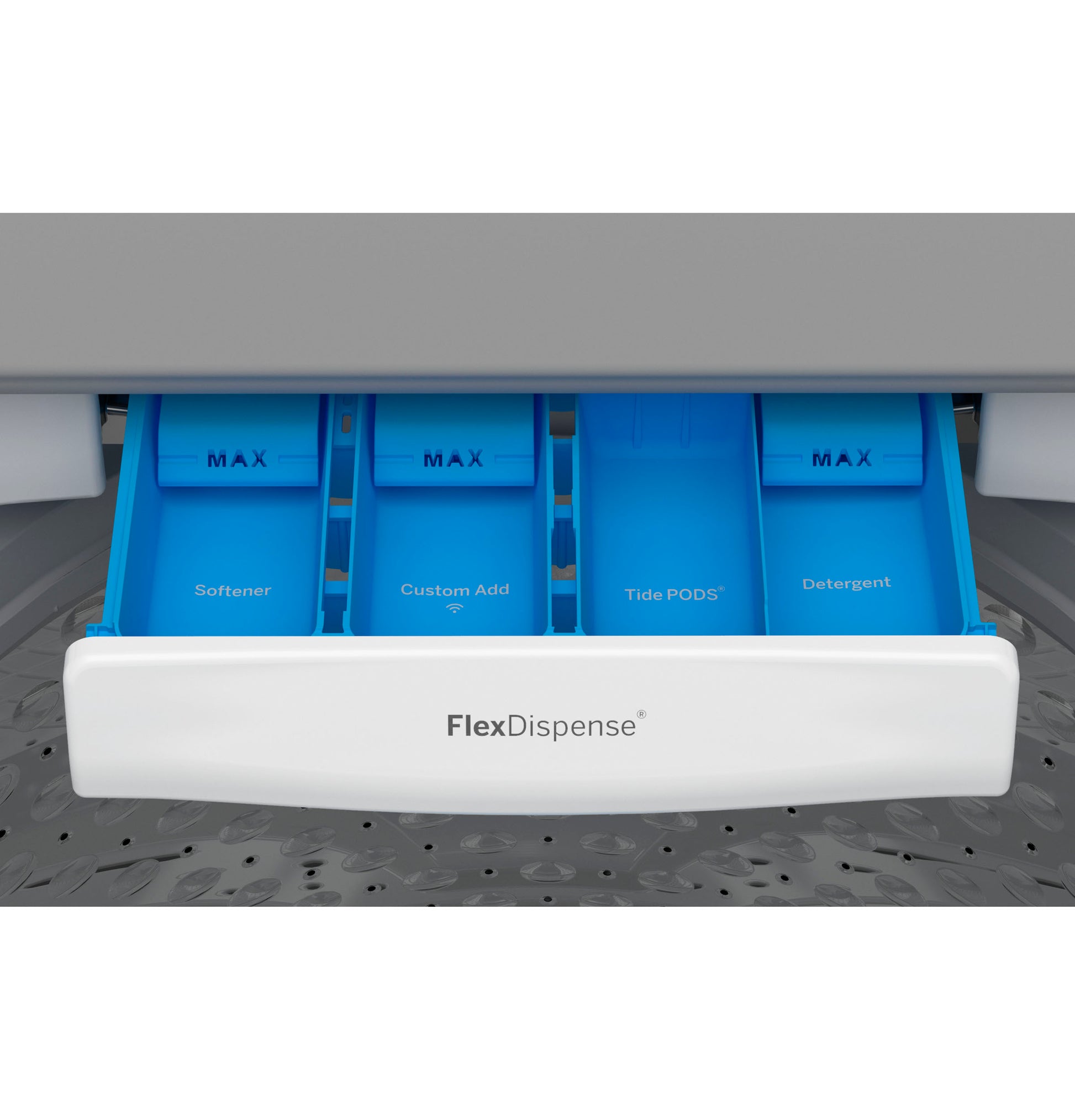 Close-up of blue FlexDispense™ detergent drawer with compartments for softener, custom add, pods, and detergent in washer.