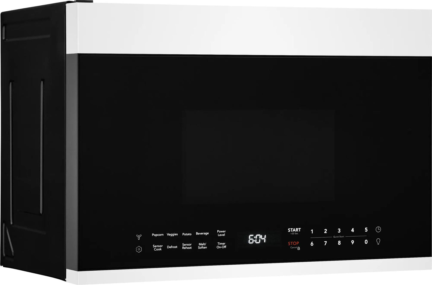 Sleek black and white over-the-range microwave with digital touch controls and LED interior light in kitchen appliance collection