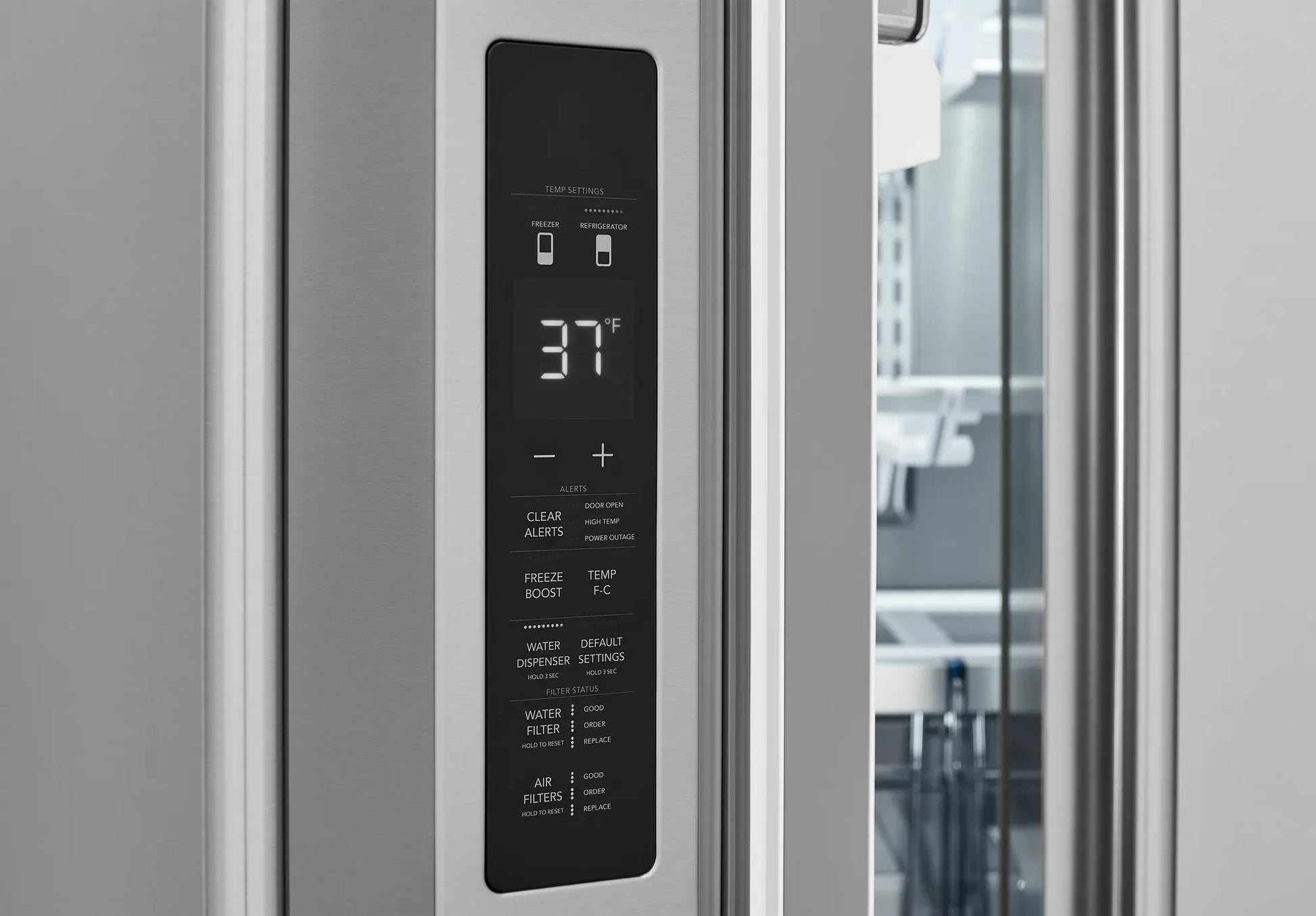 Control panel display on stainless steel French door refrigerator from Refrigerators and Appliances collections
