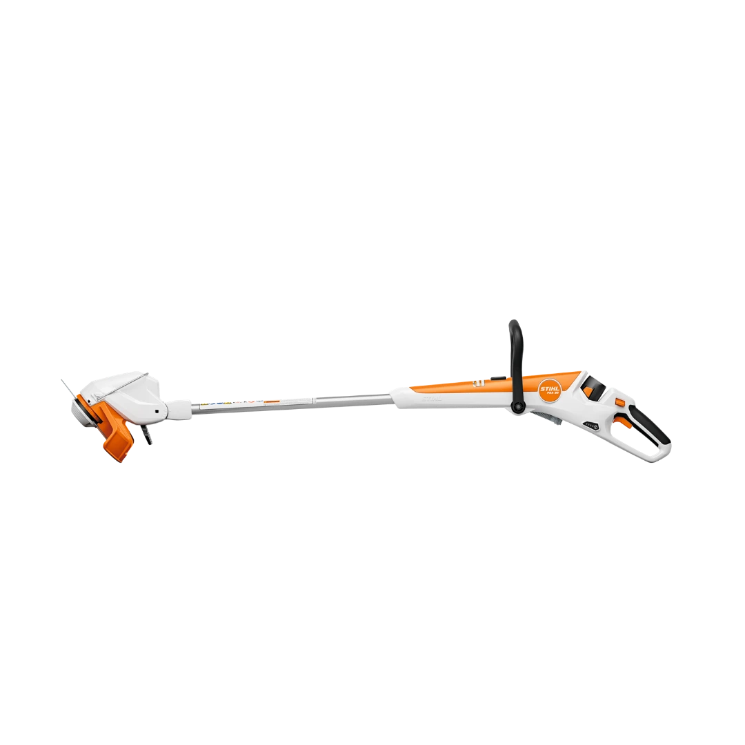 White and orange battery-powered trimmer with detachable handle and ergonomic grip for tools and home improvement use