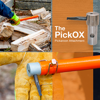 Pickaroon attachment with metal tip and orange handle used for gripping and moving logs in outdoor home improvement tasks