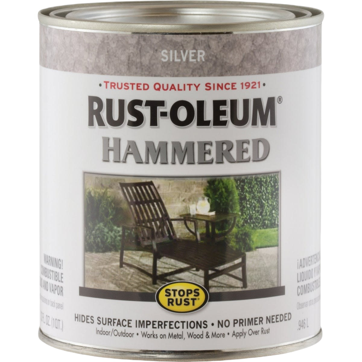 Silver hammered finish paint can with rust-preventative formula in specialty paint and home improvement collections