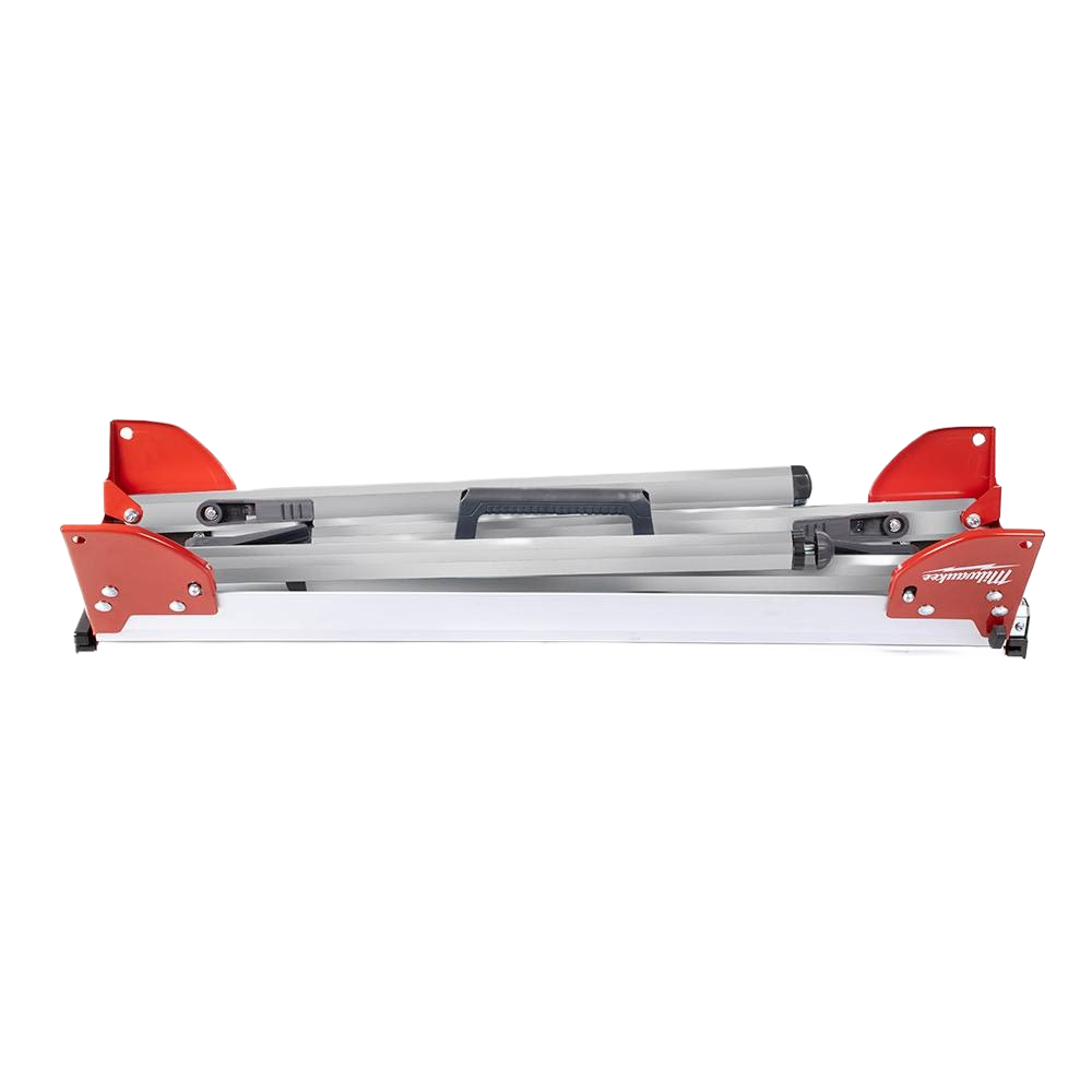 Foldable miter saw stand with aluminum frame and red supports, designed for tool stability in home improvement tasks
