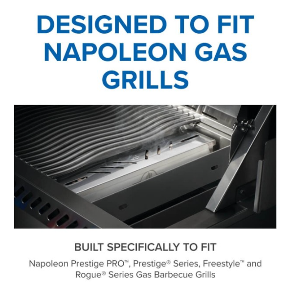 Stainless steel smoker box installed inside a Napoleon gas grill, designed for use with specific Prestige, Freestyle, and Rogue series models, ideal for grill accessories and outdoor cooking.
