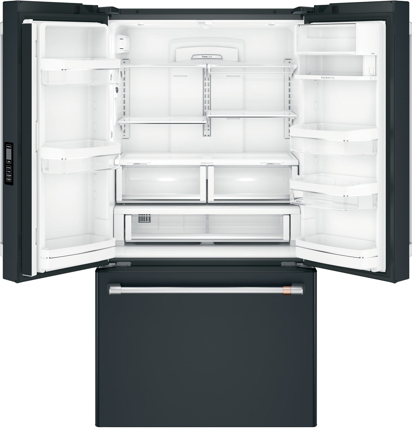 Open black smart counter-depth French-door refrigerator with adjustable shelves and crisper drawers in kitchen appliance collections