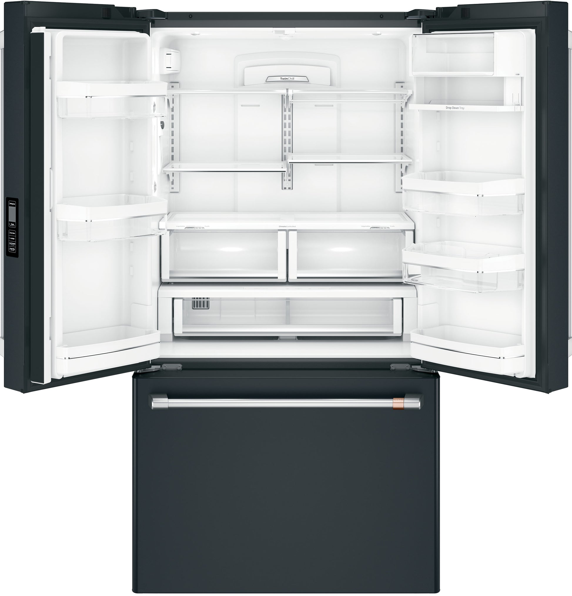 Open black smart counter-depth French-door refrigerator with adjustable shelves and crisper drawers in kitchen appliance collections