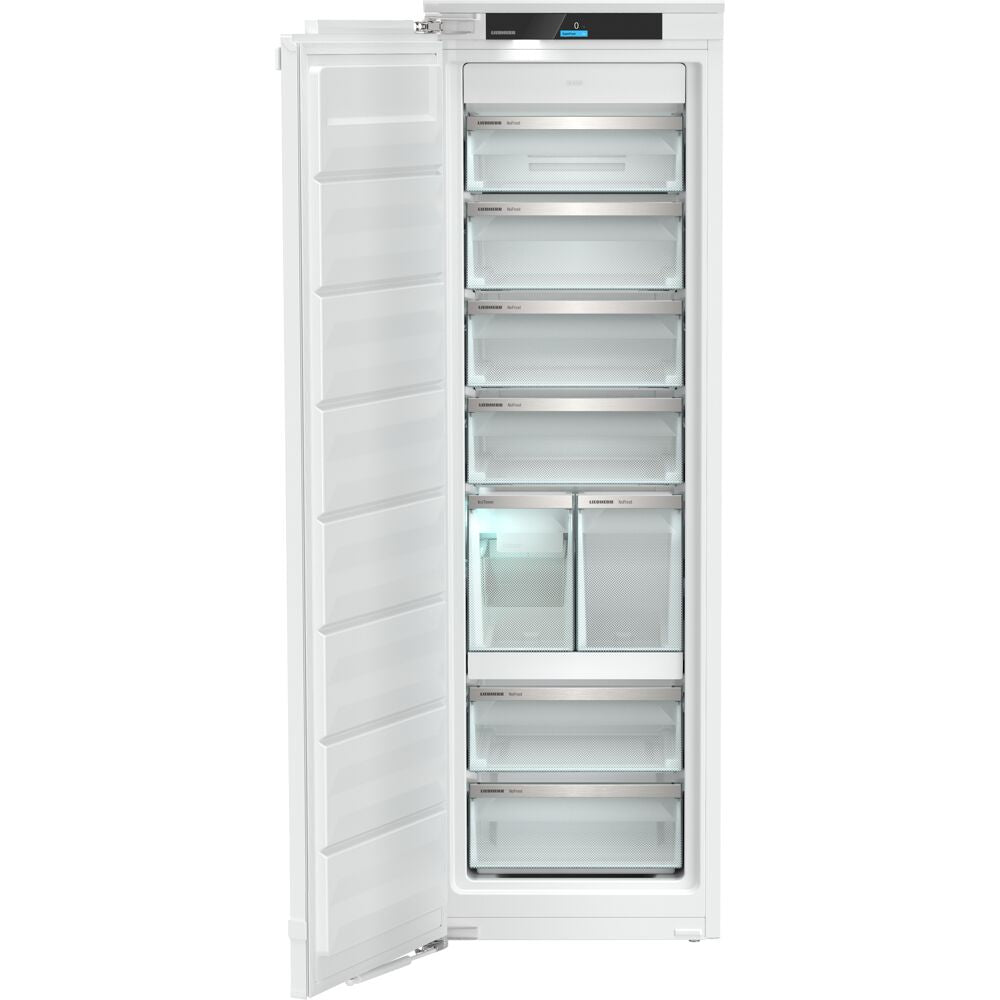 Tall built-in freezer with transparent drawers and compartments, designed for kitchen and home appliance use collections