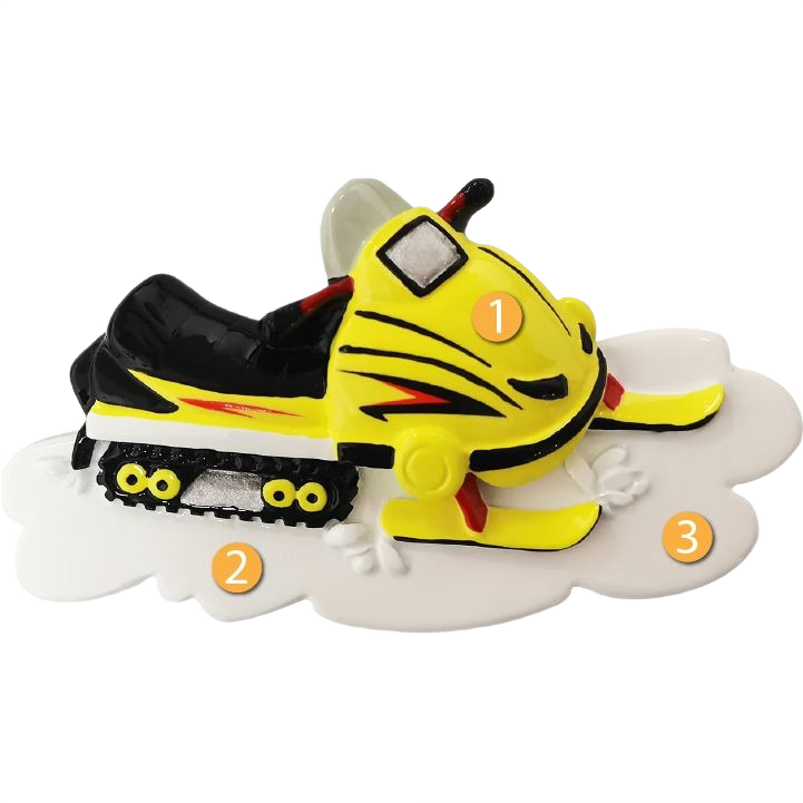 Yellow snowmobile ornament with black and red accents on white snow base for Christmas Ornaments & Tree Decorations under $50 collection
