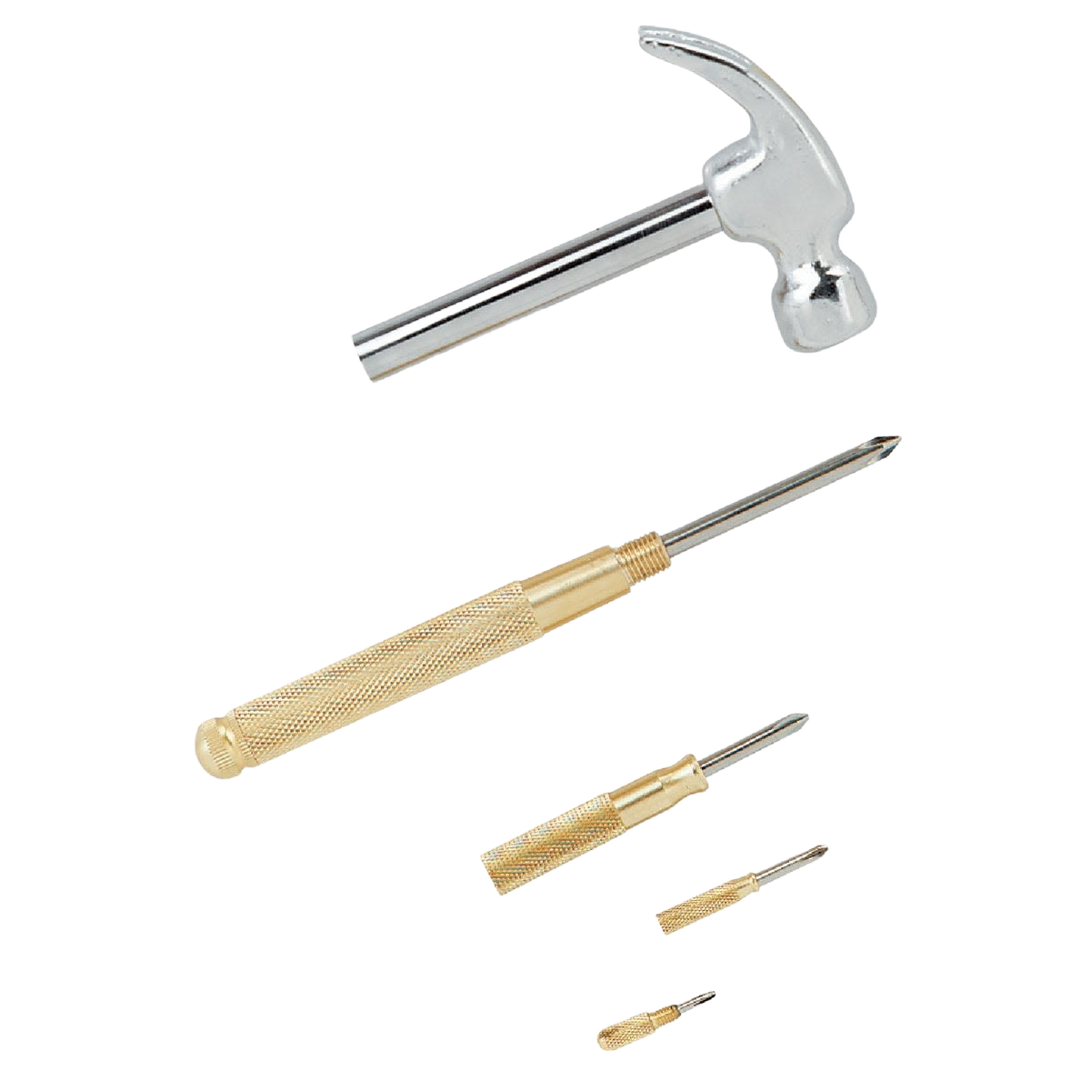 Compact multi-tool set featuring a small hammer and interchangeable screwdriver heads for versatile home improvement tasks