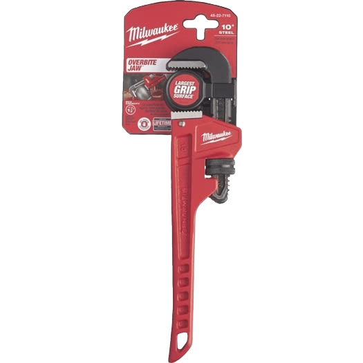Red steel pipe wrench with overbite jaw and large grip surface for tools and home improvement tasks