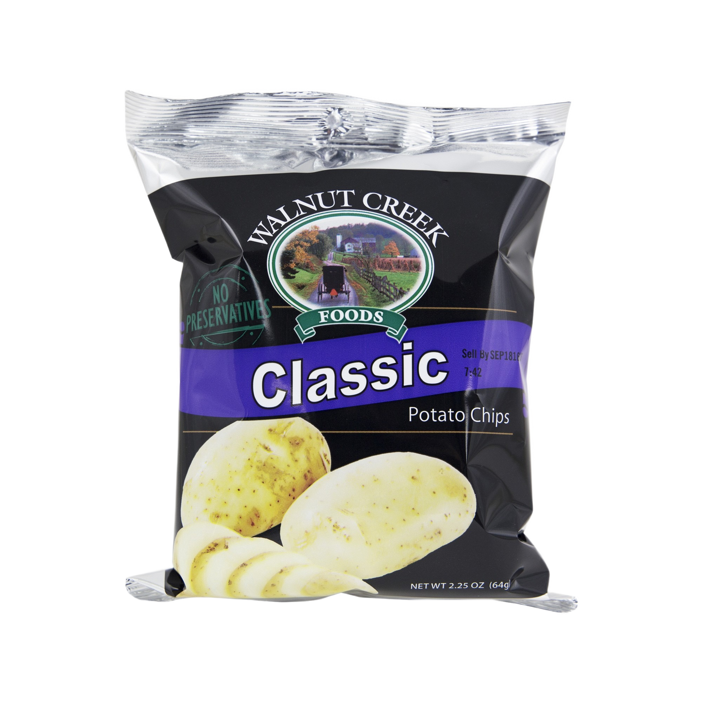 Bag of Walnut Creek Foods Classic potato chips with potato image on black and purple packaging from Chips & Snacks collection