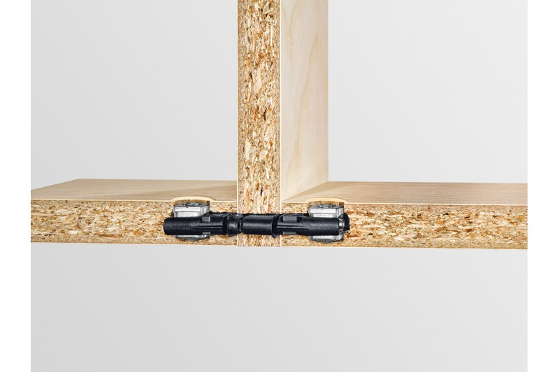 Black and metal center panel connector joining two wood panels for woodworking tool accessories and home improvement