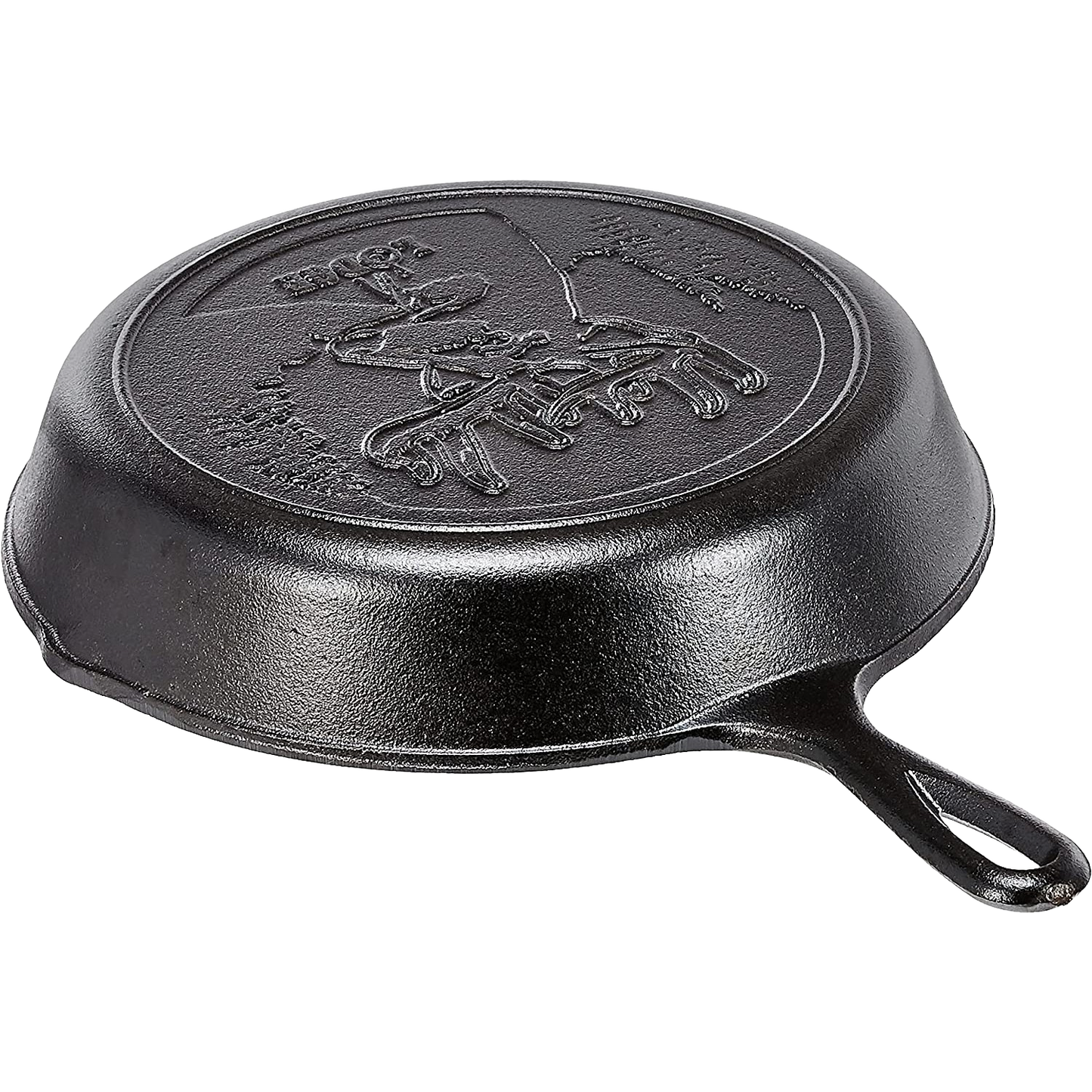 Cast iron skillet with embossed wildlife design on bottom and loop handle from kitchenware collection