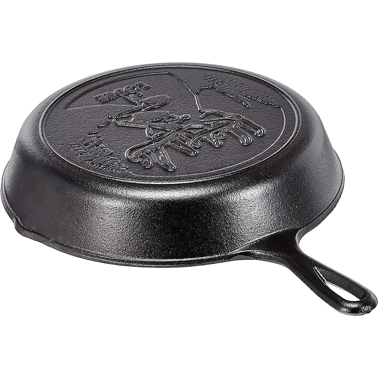 Cast iron skillet with embossed wildlife design on bottom and loop handle from kitchenware collection