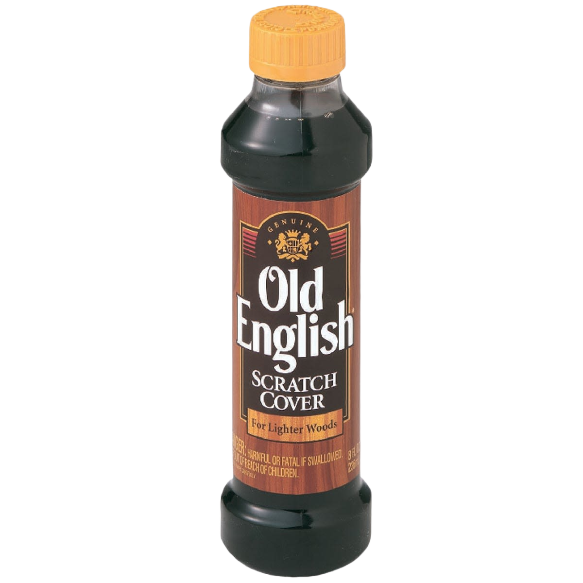 Plastic bottle of Old English scratch cover polish with orange cap for light wood surface restoration
