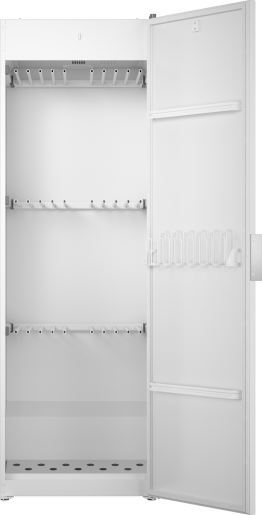 Open white vented drying cabinet with adjustable pull-out racks and garment hooks for home appliance use in laundry spaces