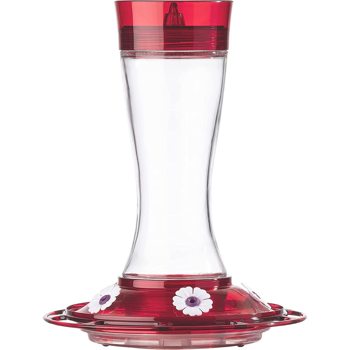 Clear glass hummingbird feeder with garnet red top and base featuring seven white flower-shaped feeding ports for outdoor decor and wildlife supplies