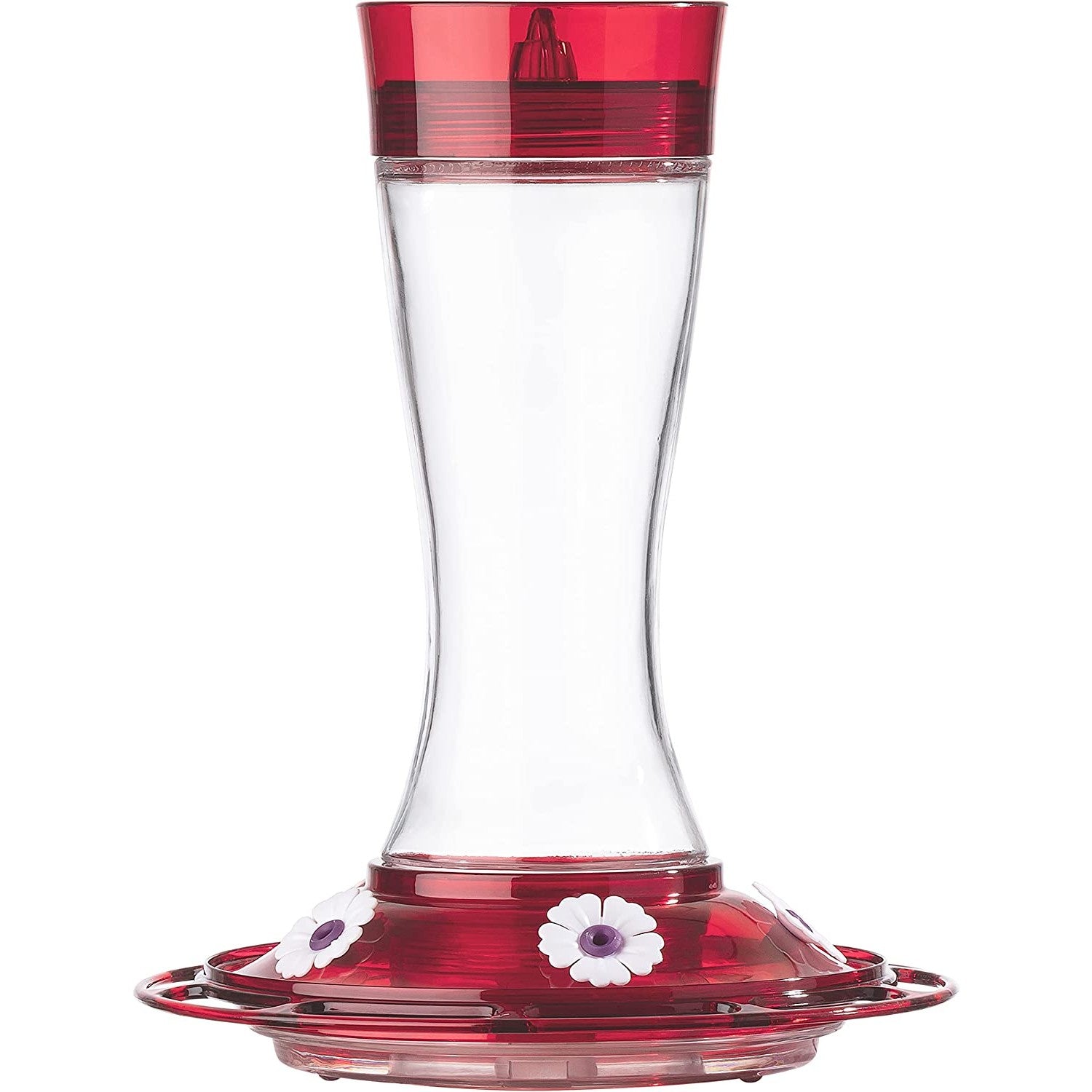 Clear glass hummingbird feeder with garnet red top and base featuring seven white flower-shaped feeding ports for outdoor decor and wildlife supplies