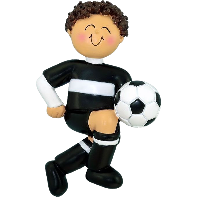 Brunette boy soccer player ornament in black and white uniform holding ball for Christmas decorations under $50 collection
