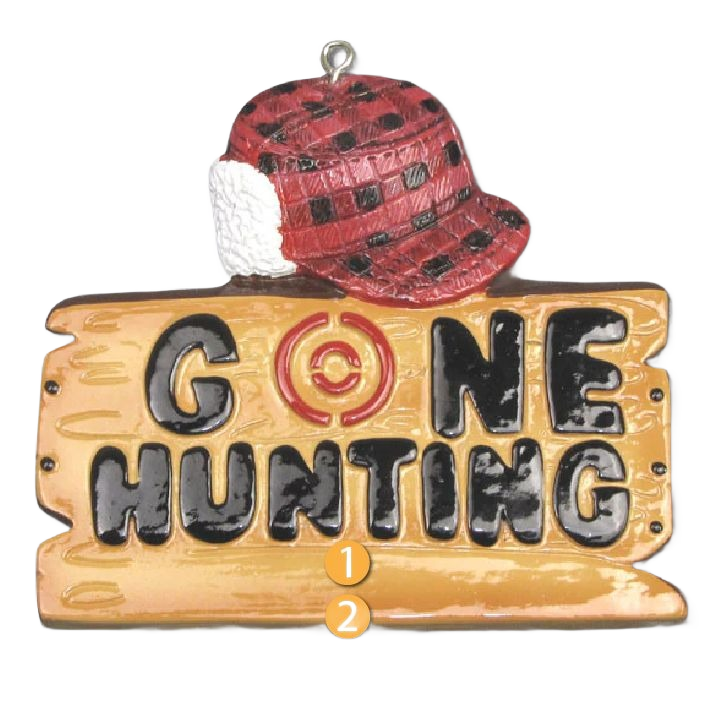 Wooden "Gone Hunting" sign ornament with red plaid hat detail for Christmas Ornaments & Tree Decorations under $50 collection