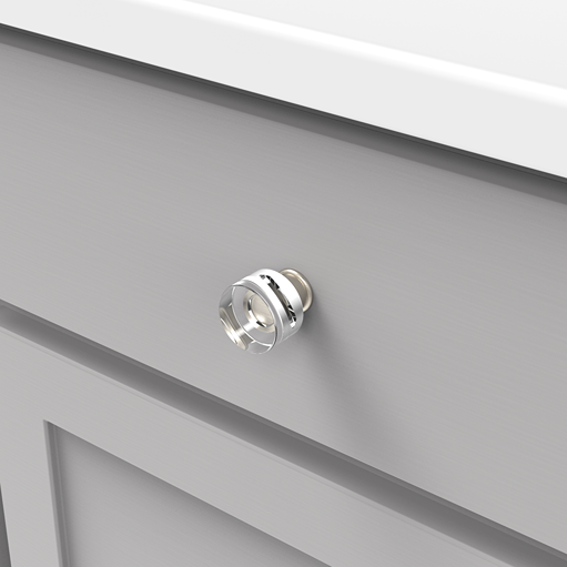Clear acrylic knob with satin nickel finish on gray drawer, suitable for cabinet and furniture hardware under $50