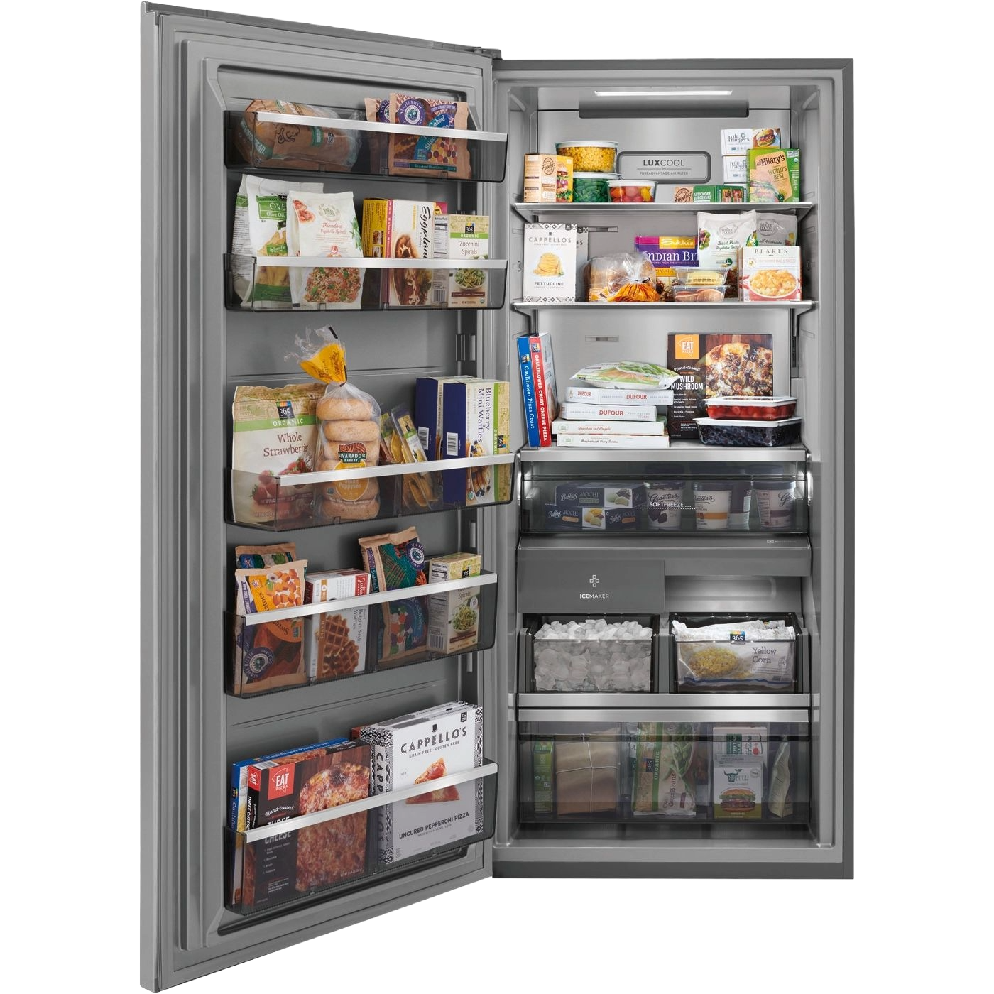 Open gray single-door freezer filled with organized frozen food items from Freezers and Appliances collections