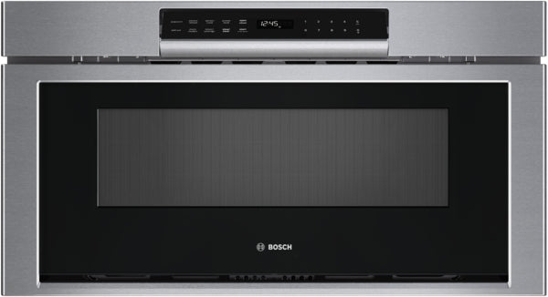 Bosch stainless steel drawer microwave with black glass front and digital control panel from kitchen appliances collection
