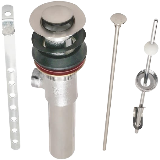Brushed nickel brass pop-up drain assembly with lift rod and pivot arm for sink repair and plumbing parts.
