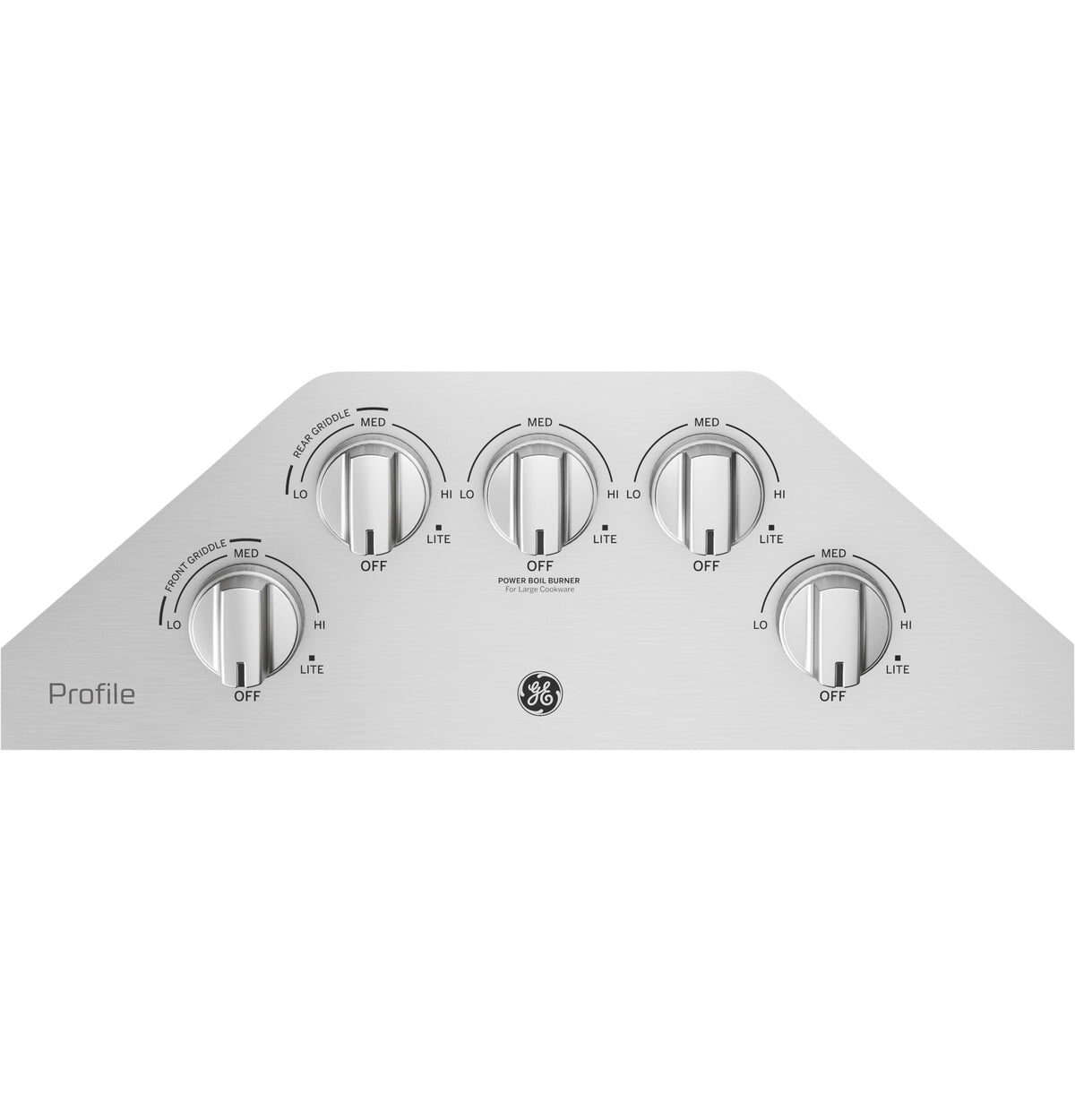 Control panel of stainless steel gas cooktop with five burner knobs in kitchen appliances and cooktops collection