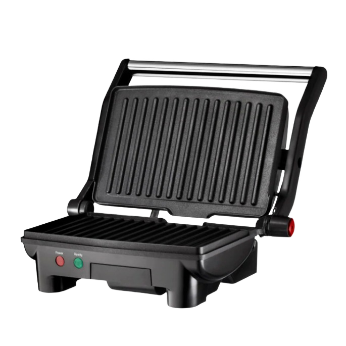 Compact black electric grill and panini press with ridged cooking plates for small kitchen appliances under $100 collection