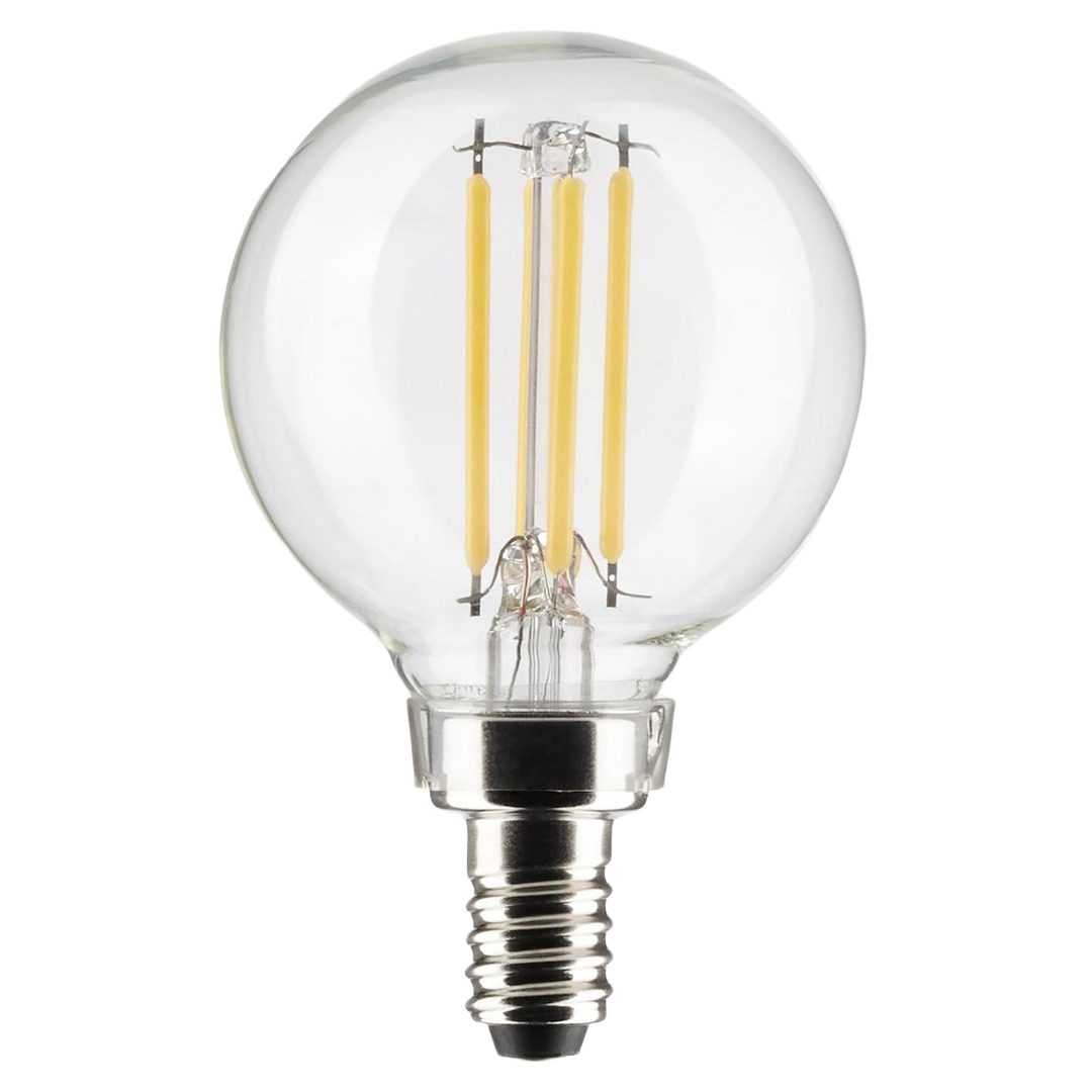 Clear globe LED bulb with visible filaments and candelabra base for energy-efficient lighting in home improvement collections