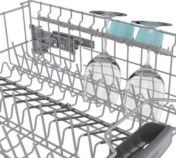 Close-up of upper dishwasher rack designed for holding wine glasses and small items in Bosch kitchen appliances collection