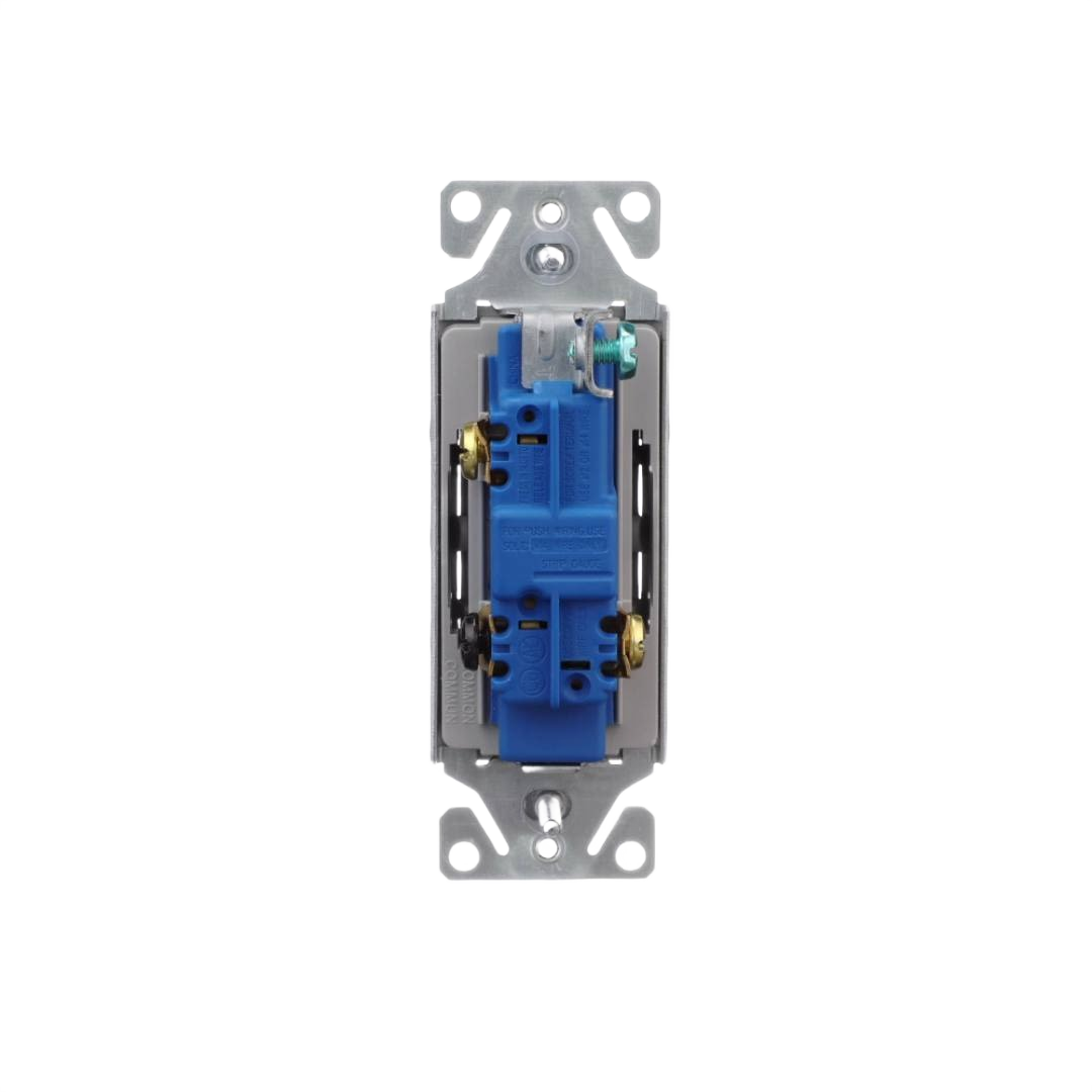Back view of Eaton electrical switch with blue plastic body and brass screw terminals for home improvement use