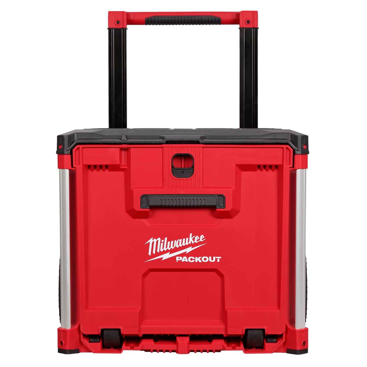 Red heavy-duty rolling drawer tool box with telescoping handle and durable wheels for jobsite and workshop organization