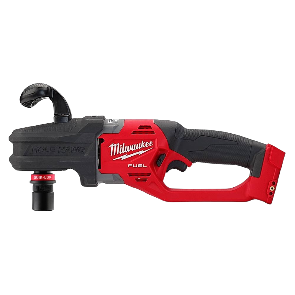 Cordless right angle drill with red and black housing and QUIK-LOK attachment for home improvement tasks