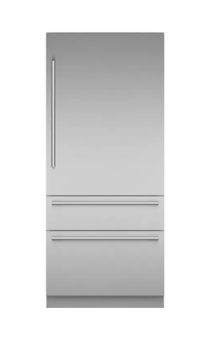 Built-in stainless steel refrigerator with bottom freezer drawers, designed for modern kitchens in appliance collections