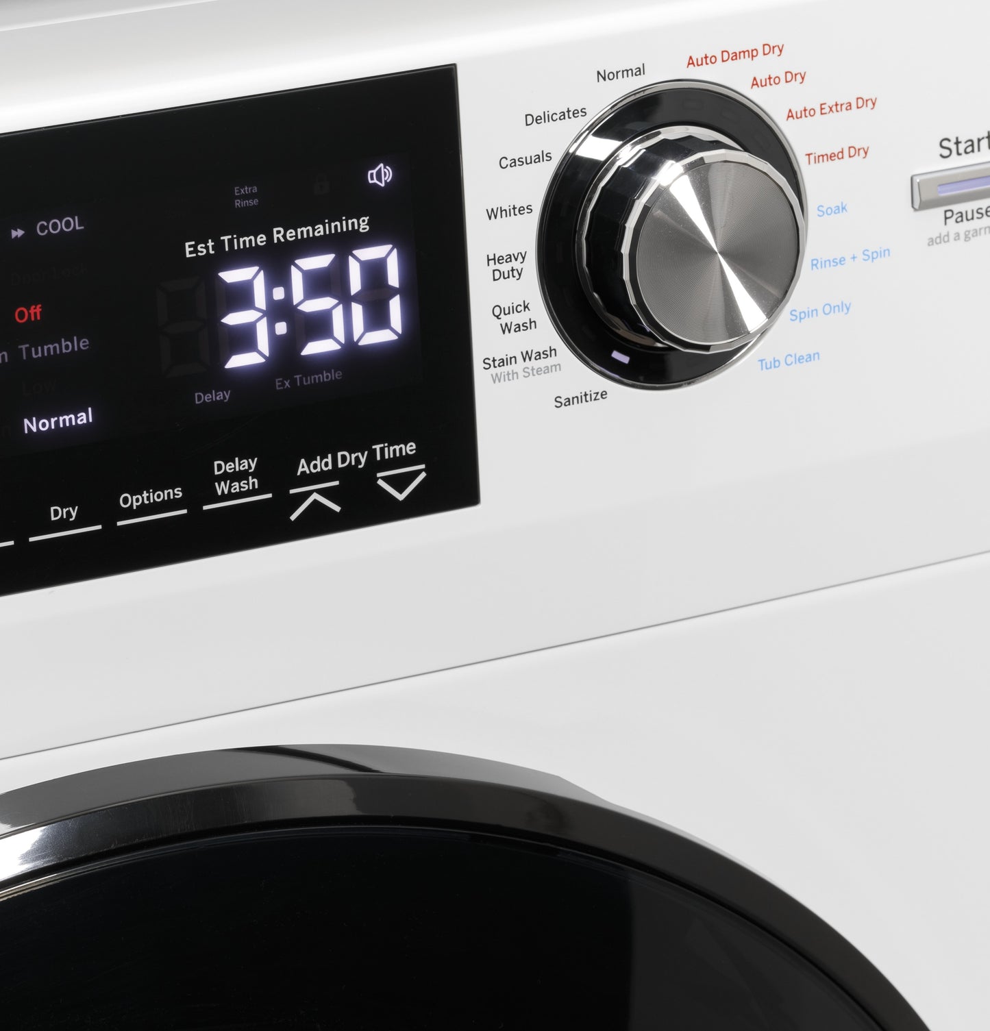 Close-up of white front load washer and dryer combo digital display and dial with cycle options from Washer/Dryer Combos collection