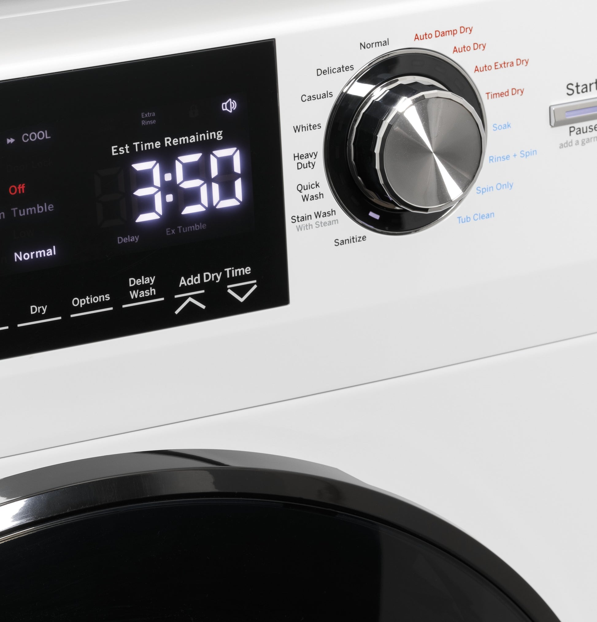 Close-up of white front load washer and dryer combo digital display and dial with cycle options from Washer/Dryer Combos collection