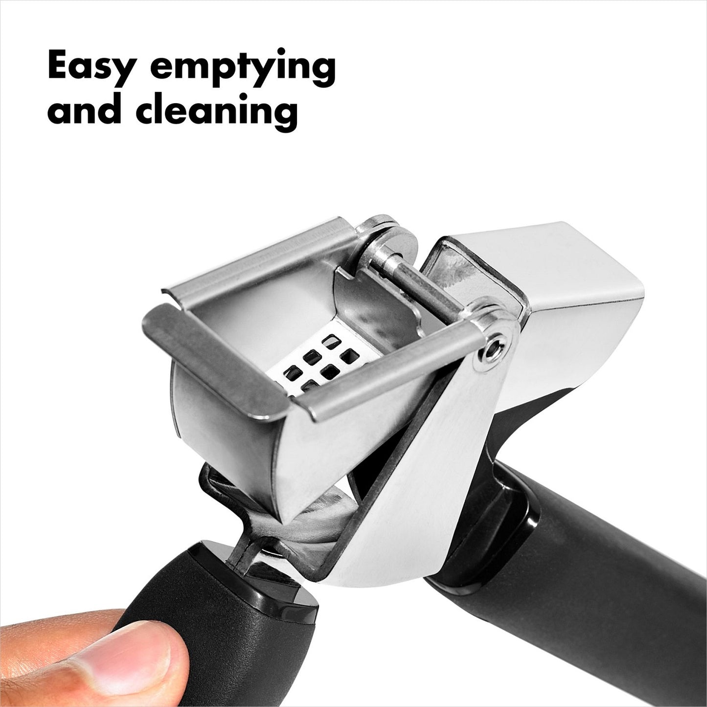 Metal garlic press with wide chamber and black ergonomic handles for kitchenware and home tools under $50 collections
