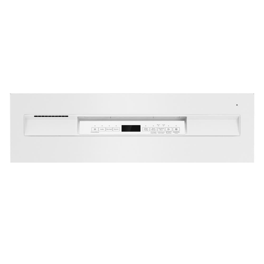 White front control panel of a dishwasher with digital display and cycle buttons from kitchen appliances category