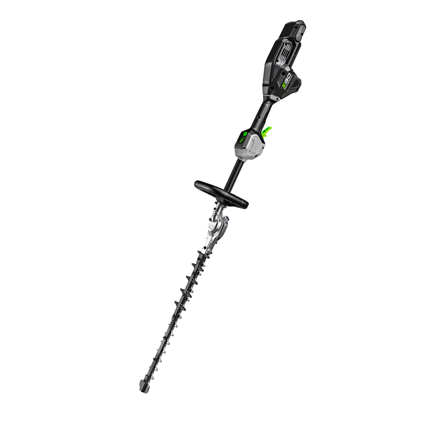 Black and green cordless commercial-grade short pole hedge trimmer designed for efficient home improvement tasks