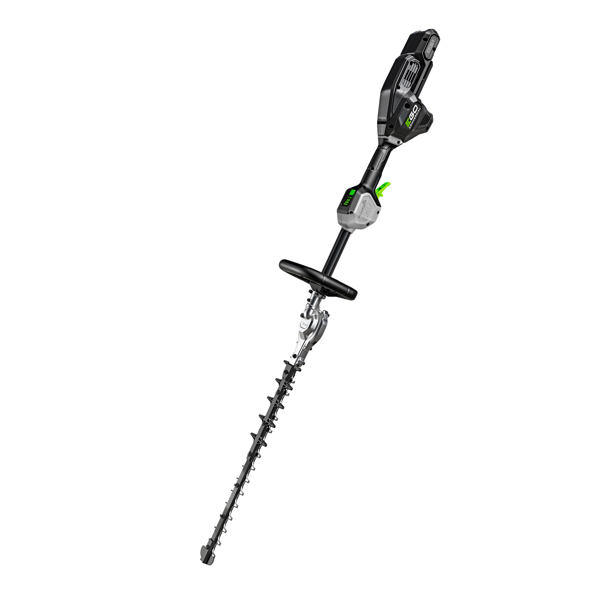 Black and green cordless commercial-grade short pole hedge trimmer designed for efficient home improvement tasks