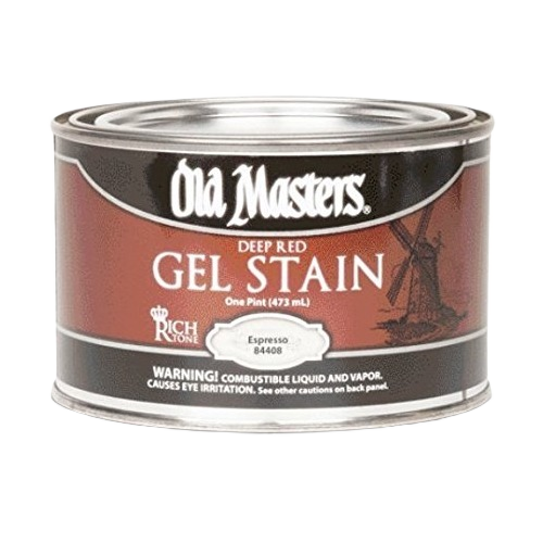 Old Masters deep red gel stain in a one-pint can for interior stains and wood finishing projects