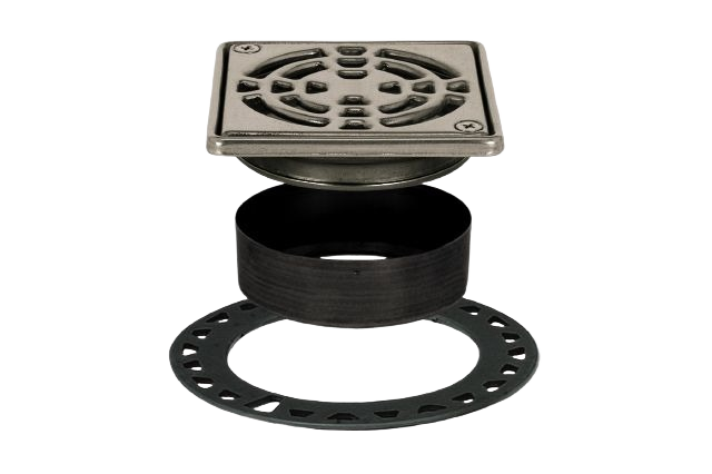 Square stainless steel drain grate kit with adjustable collar and mounting ring for tile flooring installation
