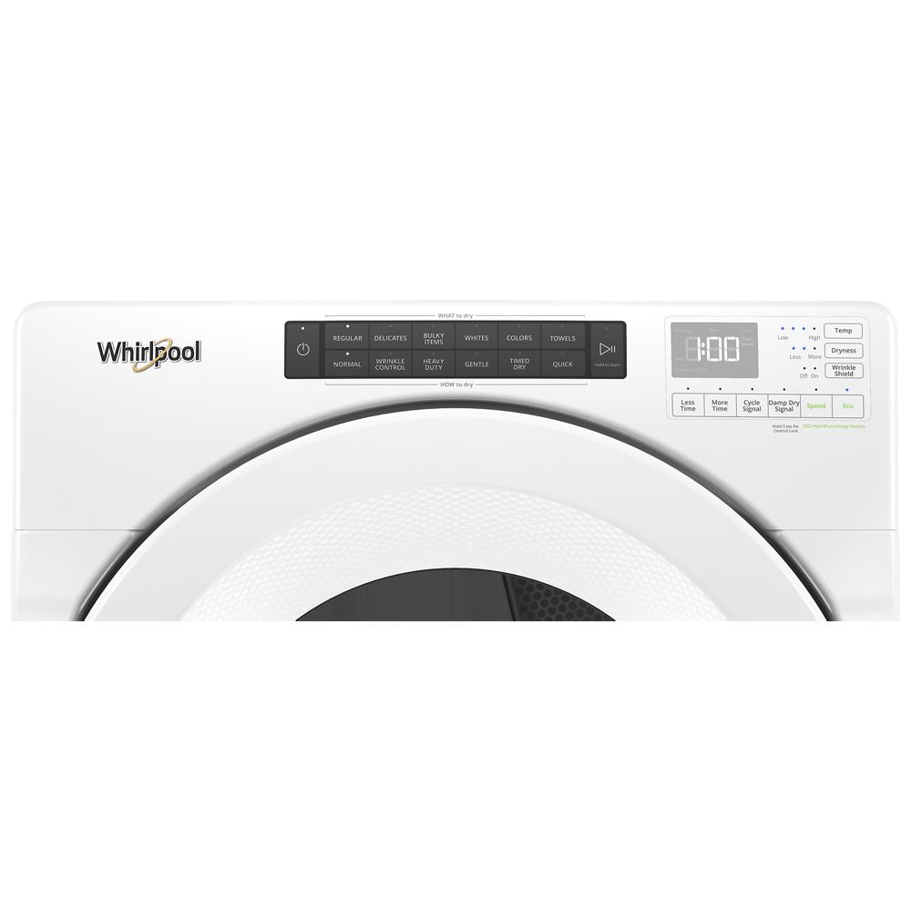 Close-up of white front load heat pump dryer control panel with digital timer and multiple drying options in appliance setting