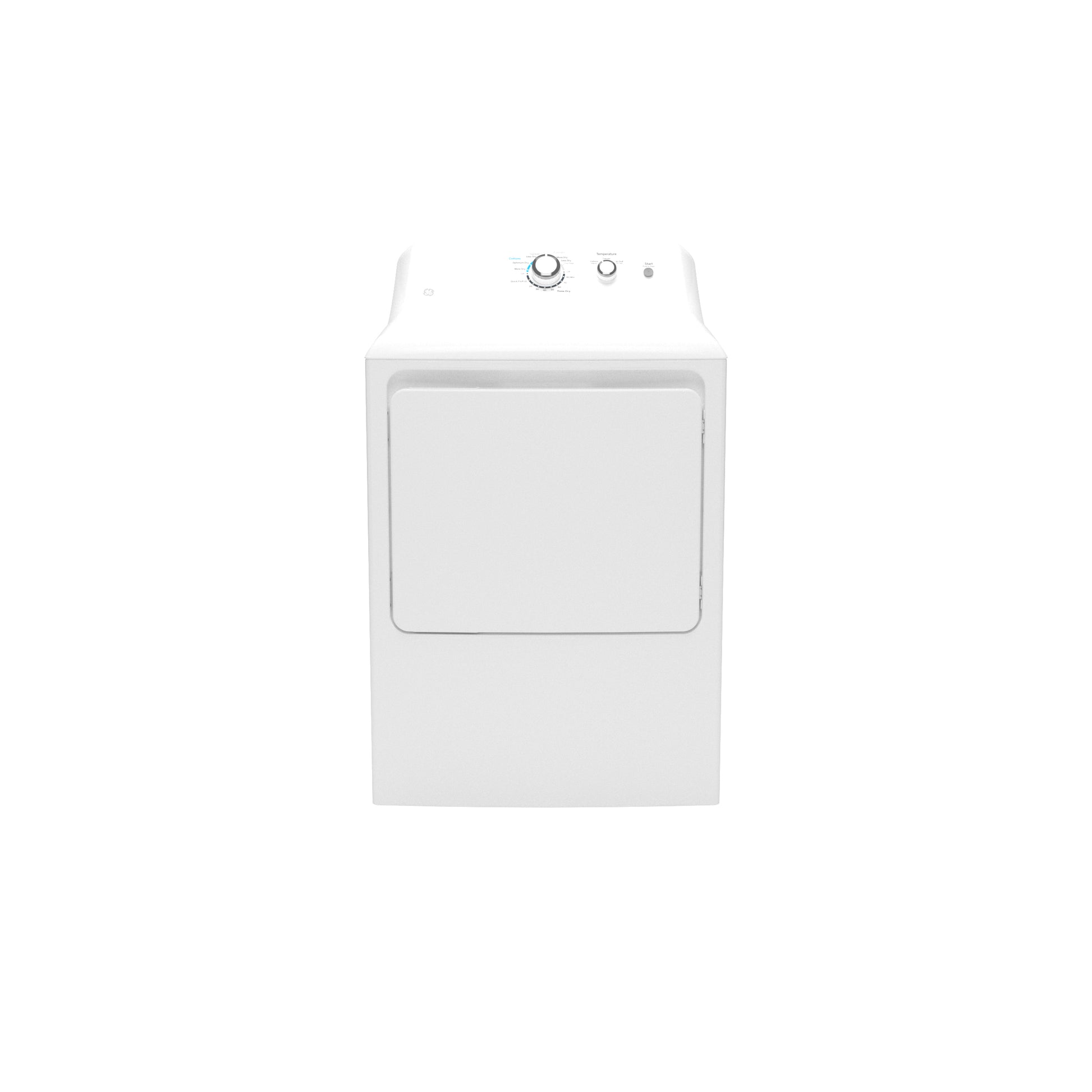 Front view of white gas dryer with mechanical control knobs in a clean laundry appliance setting