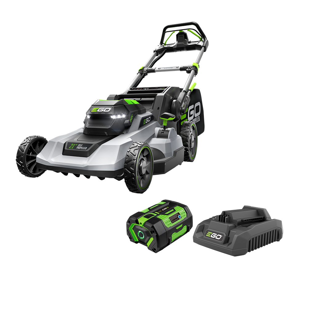 Cordless self-propelled lawn mower with 21-inch deck, battery, and charger for efficient yard maintenance.